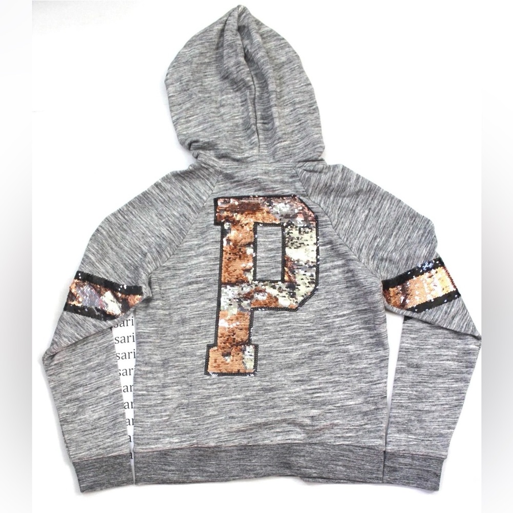 PINK Victoria's Secret Gray Hoodie with Gold Sequin Stripes Size M